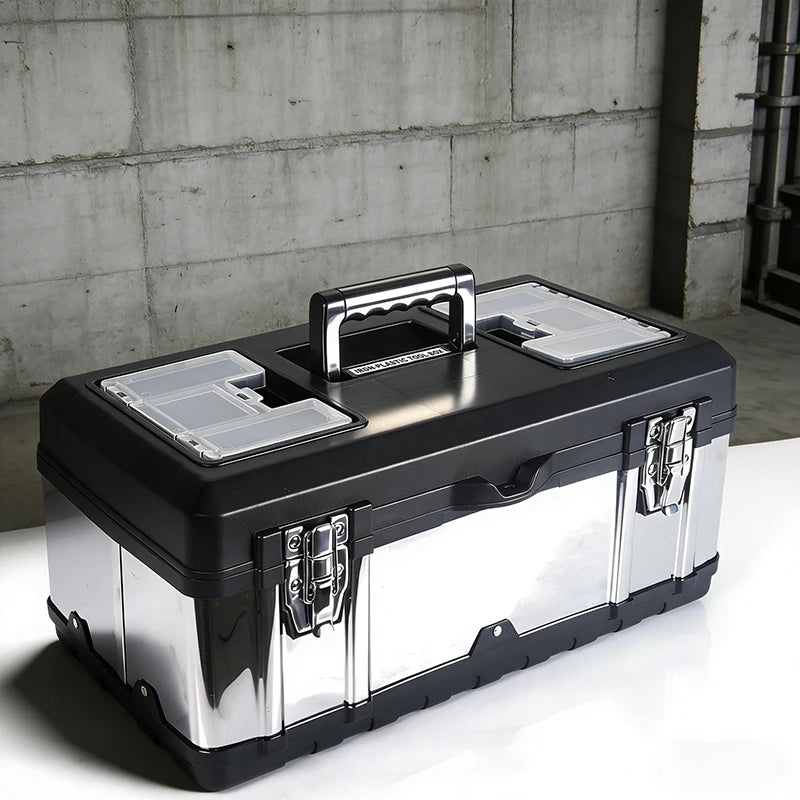 19 Inch Stainless Iron-Plastic Tool Box with Handle, Multi-functional with Compartments Toolbox, Storage Box
