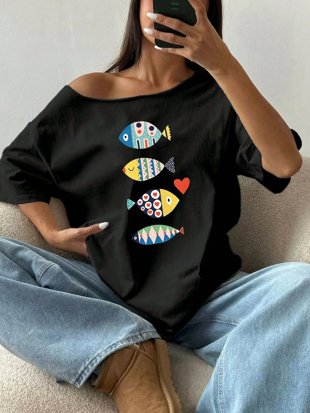 Plus Size Vertical Colorful Geometric Fish Pattern Print T-Shirt Oversized Y2K Style Graphic Tees Women Tops Summer Off The S