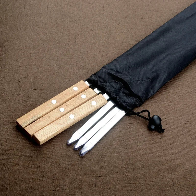 6Pcs/Set Barbecue Meat String Skewer Chunks of Meat Stainless Steel Natural Beech Handle Roast Stick for BBQ Outdoor Picnic