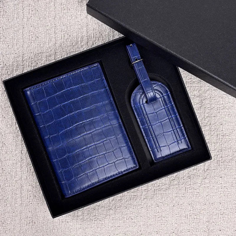 Free Custom Name Initial Gift Box Set Passport Holder Crocodile Leather Luggage Tag Passport Cover Travel Accessories