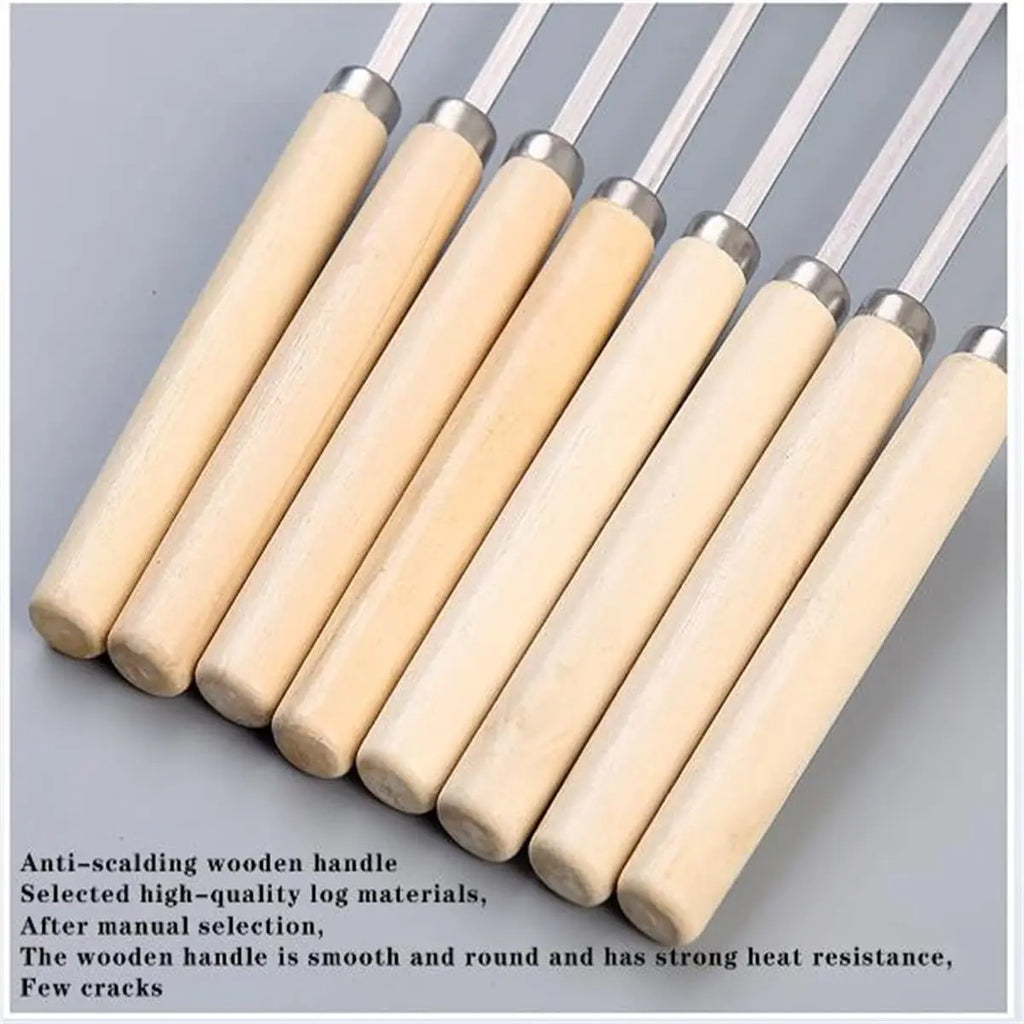 Premium Thick Stainless Steel BBQ Skewers with Wooden Handles - Easy to Turn Non-Stick Heat Resistant Perfect for Chicken Wings