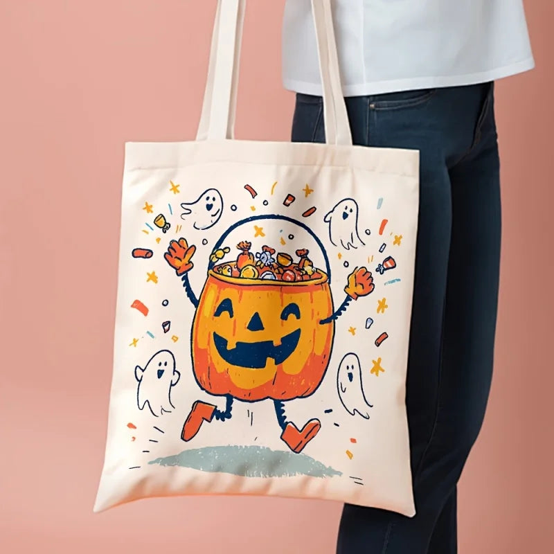Newest Shoulder Bag Halloween Pumpkin Candy Ghost Cartoon Canvas Tote Bag Trick Or Treat Shoulder Bag