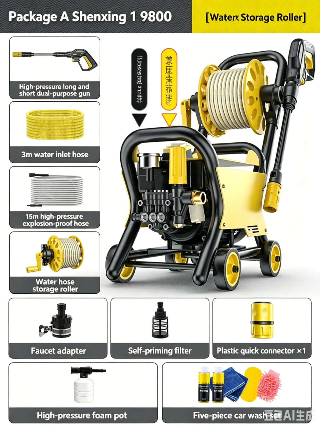 Zhinanche 220V High Power Pressure Washer Household Electric Car Wash Pump Portable Strong Cleaning Water Gun for Car Detailing