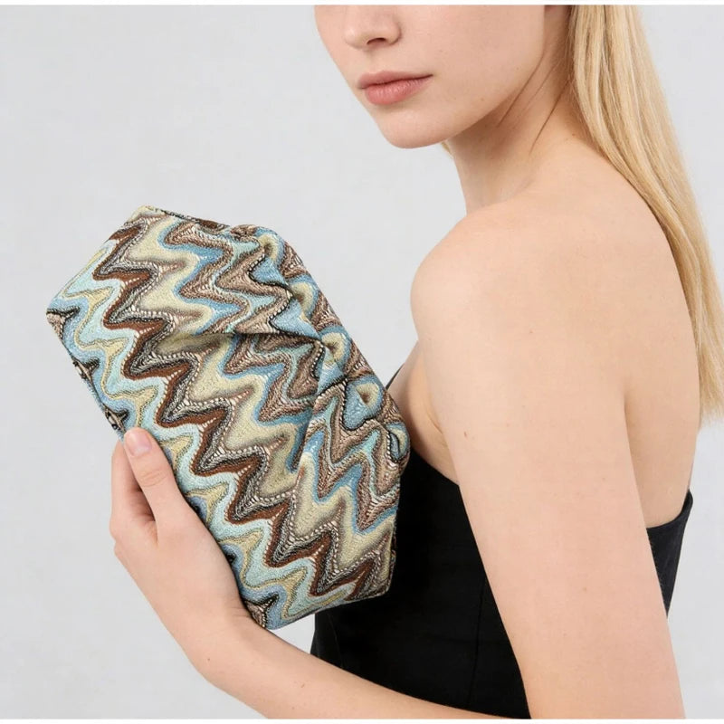 European American Bohemian Clutch, Beach Leisure Vacation Clip Bag Fashion Niche Design Color Block Large Capacity Evening Bag