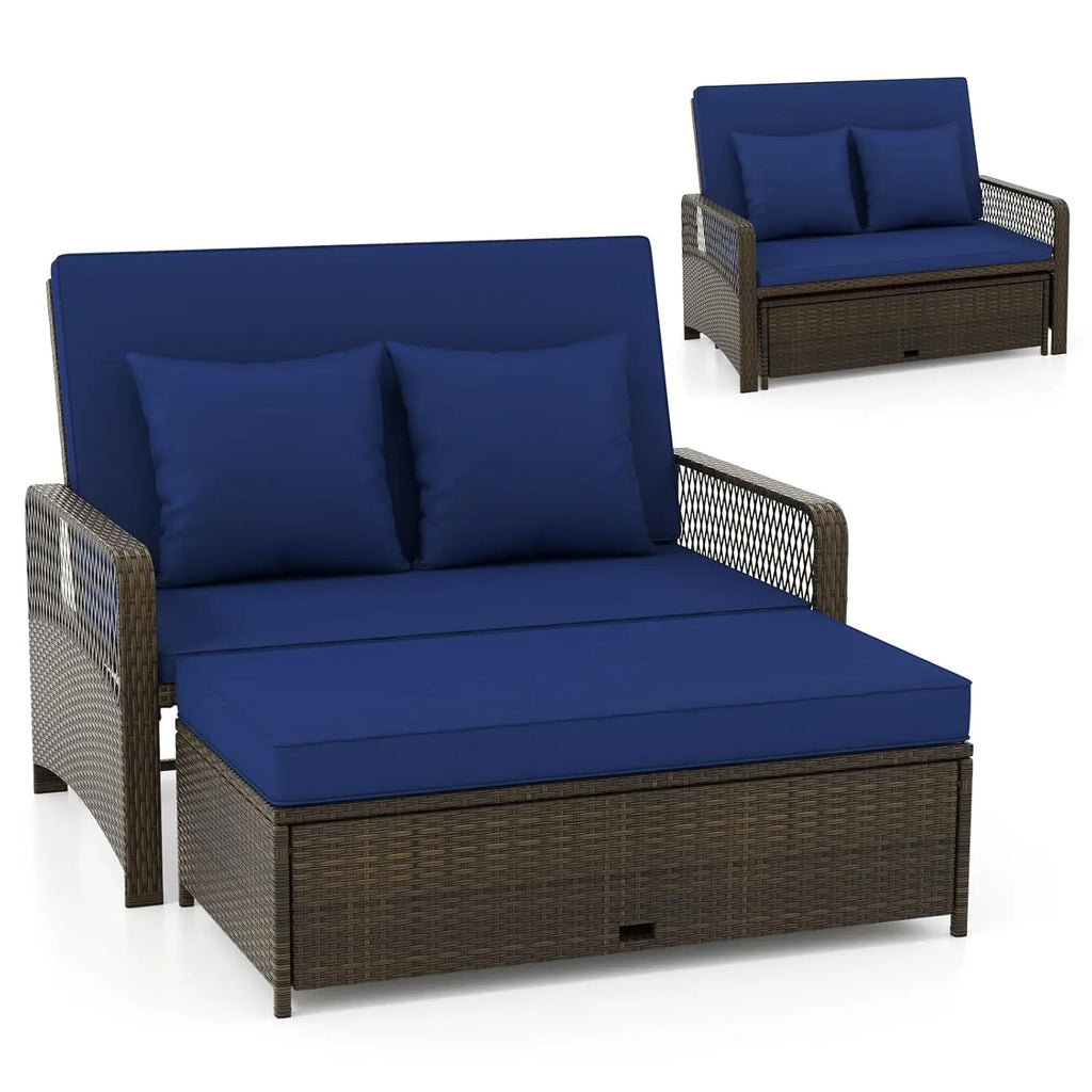 Outdoor Daybed, Wicker Loveseat Sofa Set with Storage Ottoman, 4-Level Adjustable Backrest, Sofa Pillows &, Customized