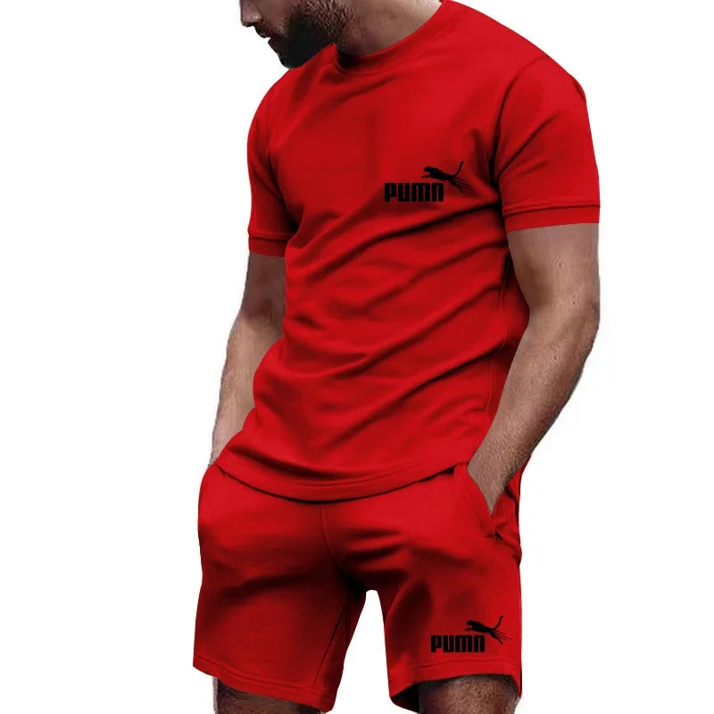 2026 new summer men's T-shirt+shorts set printed fashionable casual round neck pullover, breathable quick running sports shorts