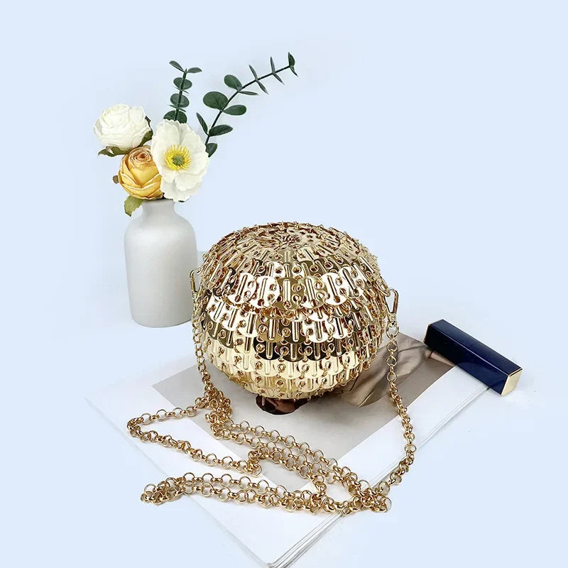 Luxury Design Gold Silver Metal Sequins Round Evening Bag Fashion Dress Party Wedding Clutch Bag Women's Hand Woven Circle Bag