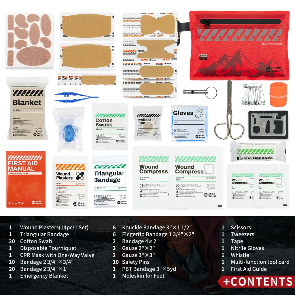 Small First Aid Kit RHINO RESCUE Ultralight Waterproof Medical Kit for Hiking Camping Backpacking Cycling Travel Vehicles 105PC