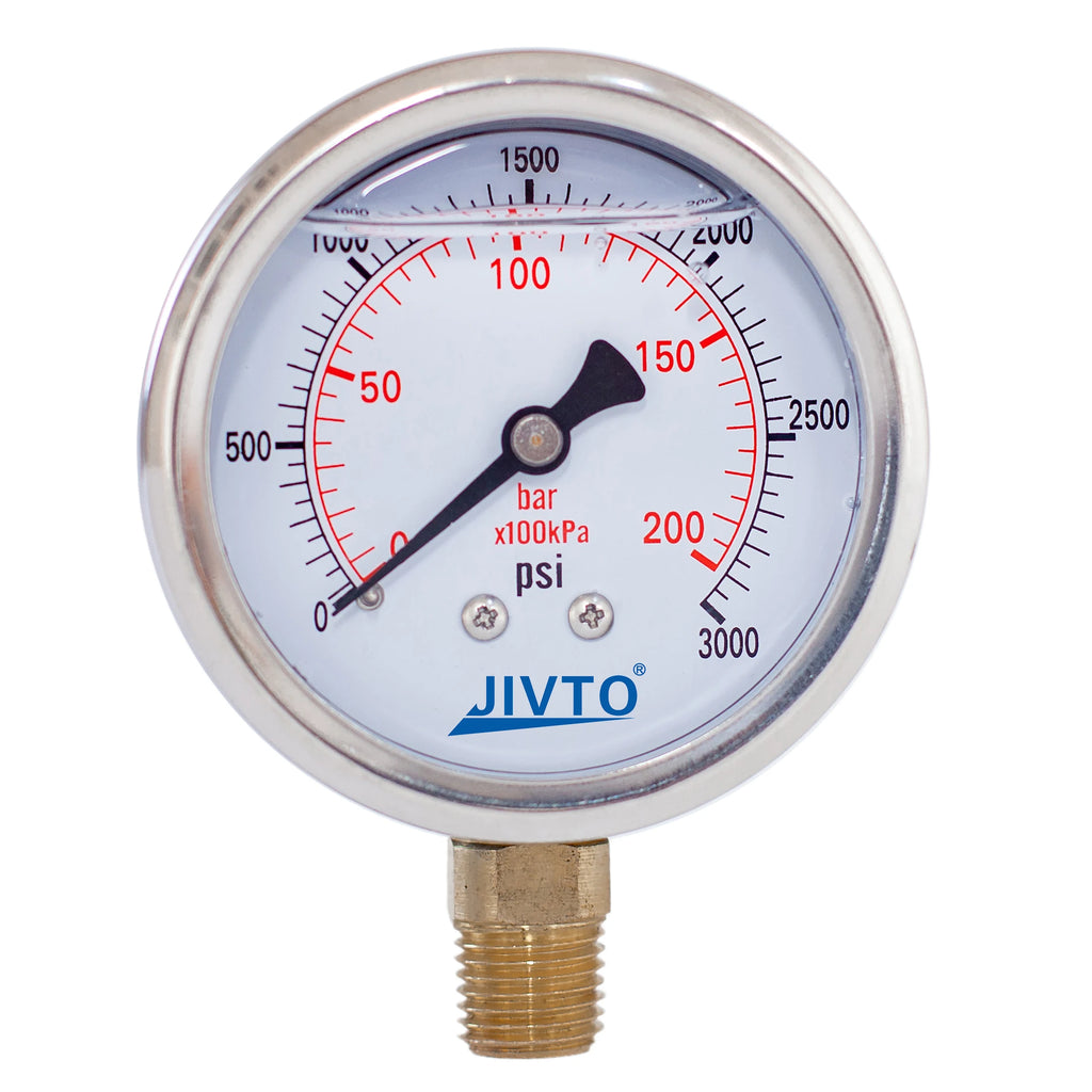 JIVTO Glycerine Filled Pressure Gauge 2.5 Inch 1/4 BSP Lower Mount 15,30,60, 100,160,200,300,400,600,3000 Psi & Bar, Shockproof