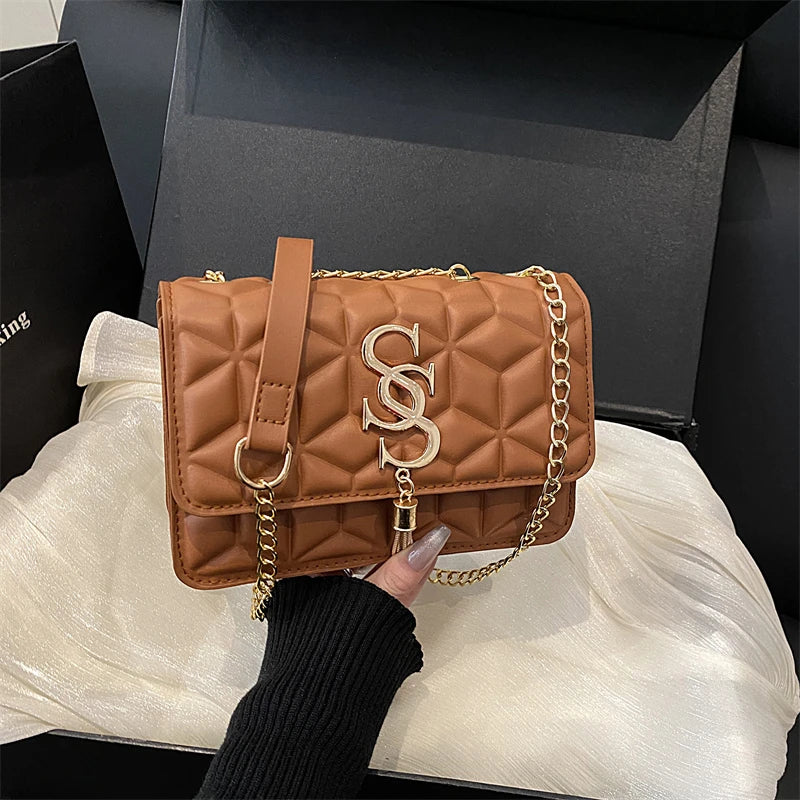 Fashionable Small Fragrant Style Argyle Quilted Small Square Bag Metal Letter Tassel Diagonal Cross Bag Commuter Shoulder Bag