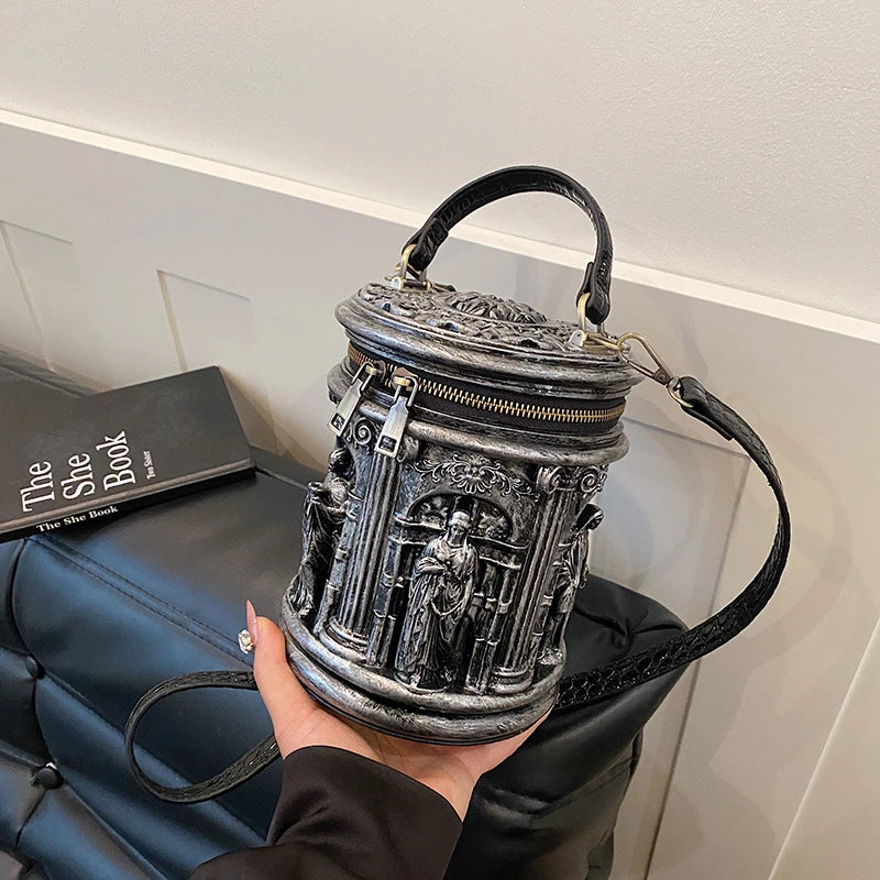 Baroque Style 3d Embossed Bucket Bag Creative Sculptural Cylinder Handbag Unique Retro Artistic Design Crossbody Purse For Women