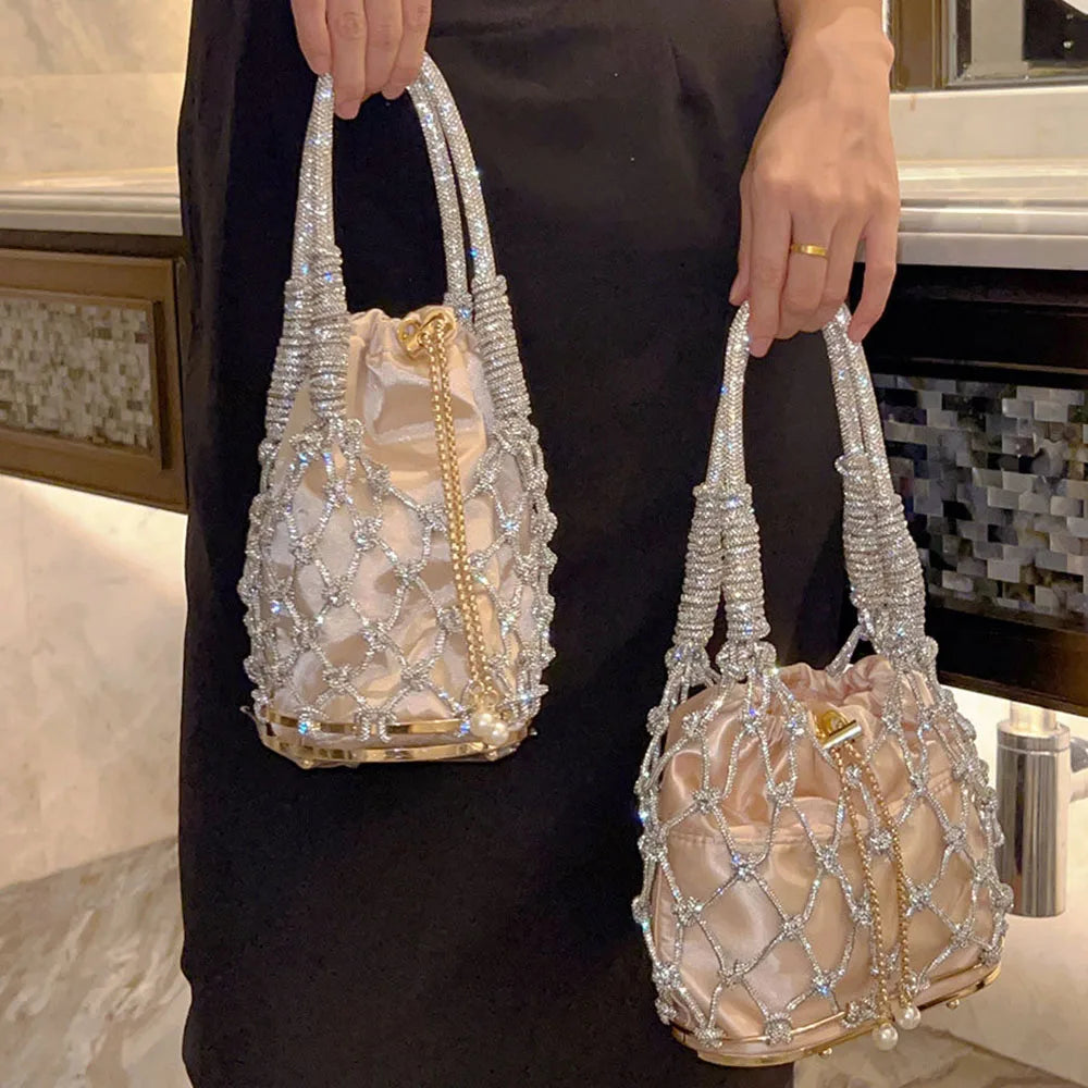 New Spring Summer Hollow Out Women Handbag Shiny Rhinestone Mesh Bag Bucket Shape Underarm Bag Trendy Shoulder Bags For Ladies