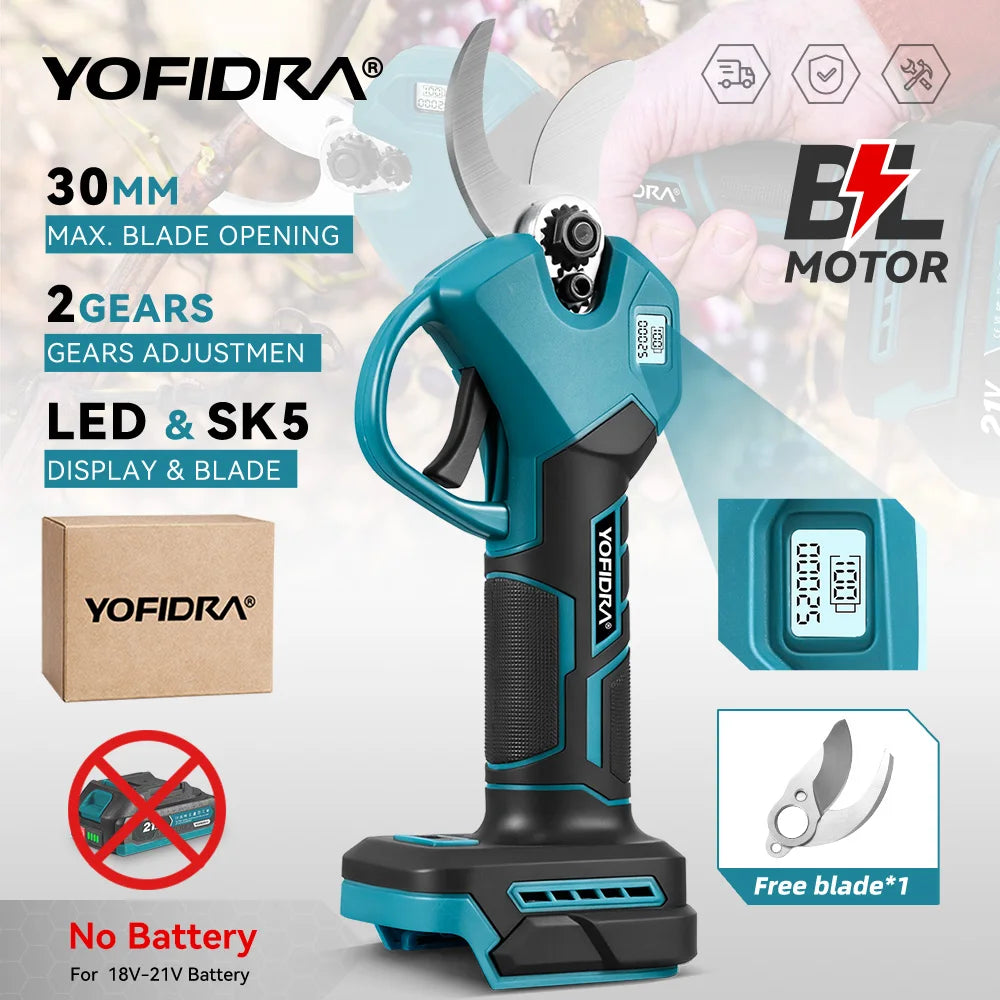 YOFIDRA 30mm Brushless Electric Pruner Cordless Handheld Orchard Shrub Pruning Tree Branches Cutter For Makita 18V Battery Pin