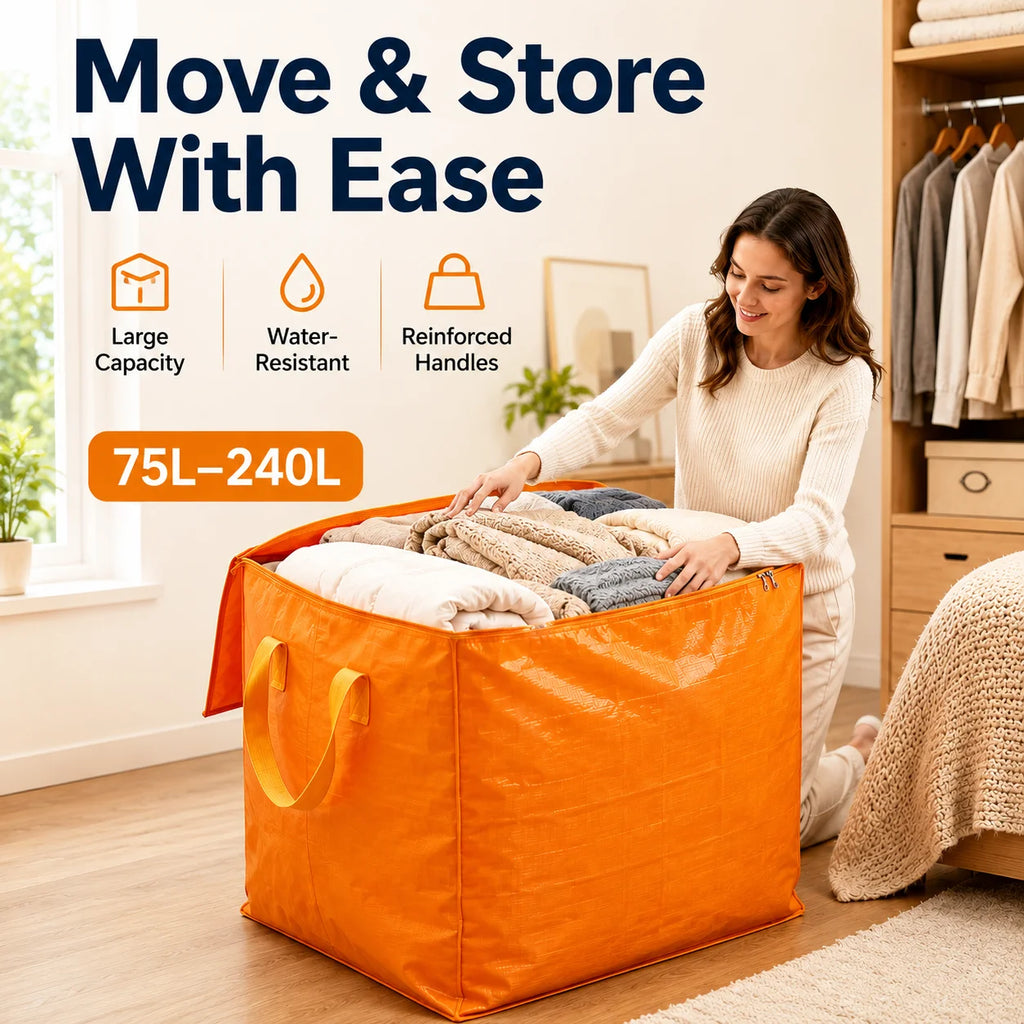 75-240L Large Capacity Moving Bag Woven Storage Bag with Handles Zipper for Clothes Bedding Travel Home Closet Organizer