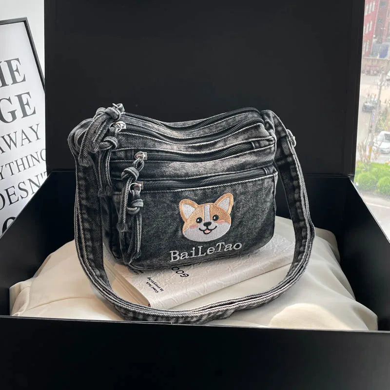 Korean Version Denim Crossbody Bag with Cute Dog Embroidery – Adjustable Strap, Multi-Pocket Small Sling for Women