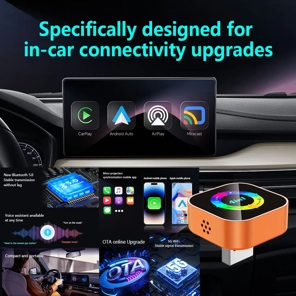 2026 Upgrade 4 in 1 Wireless Carplay Dongle Android Auto Adapter Mirror Link Screen Plug & Play Bluetooth for Apple and Android