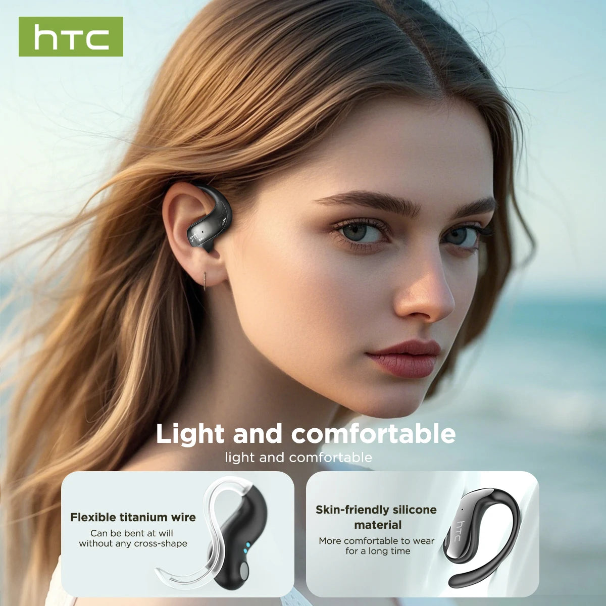 HTC Original NE19 AI Translate Bluetooth Earphones OWS Open Ear Business Travel Wireless Headphones Music Stereo Sound Earbuds