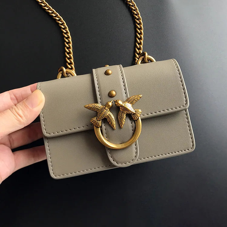 New Arrivalpinko Same Style Genuine Leather Super Mini Chain Small Square Lipstick Key Bag Swallow Bag Women's Handbag