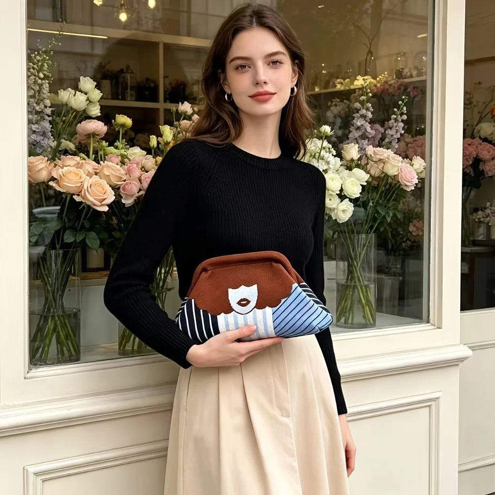 Trendy color-blocking fun lip print knitted pattern design ladies' evening banquet lightweight luxury commuting clutch