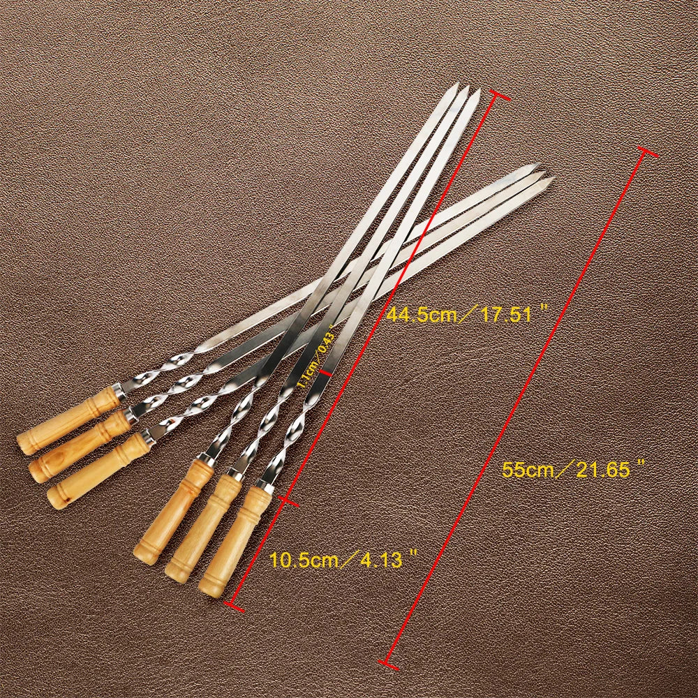 45/55cm BBQ Fork Wood BBQ Skewers Long Handle Kebab Barbecue Grill Sticks Reusable Stainless Steel Outdoor Camping Grill Needle