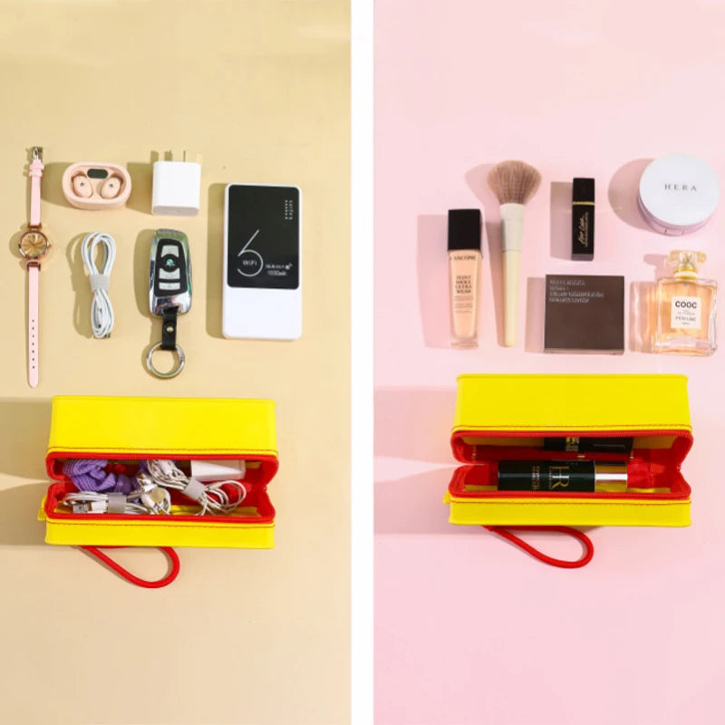 Fashion Color Handbag Building Block Shape Stationery Bag Miscellaneous Storage Bag with Lanyard Zippered Cosmetic Toiletry Bag