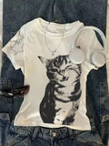Plus-size Cat Print Women's High-street Loose-fitting T-shirt Street Style Suitable for All Seasons Fashionable and Versatile