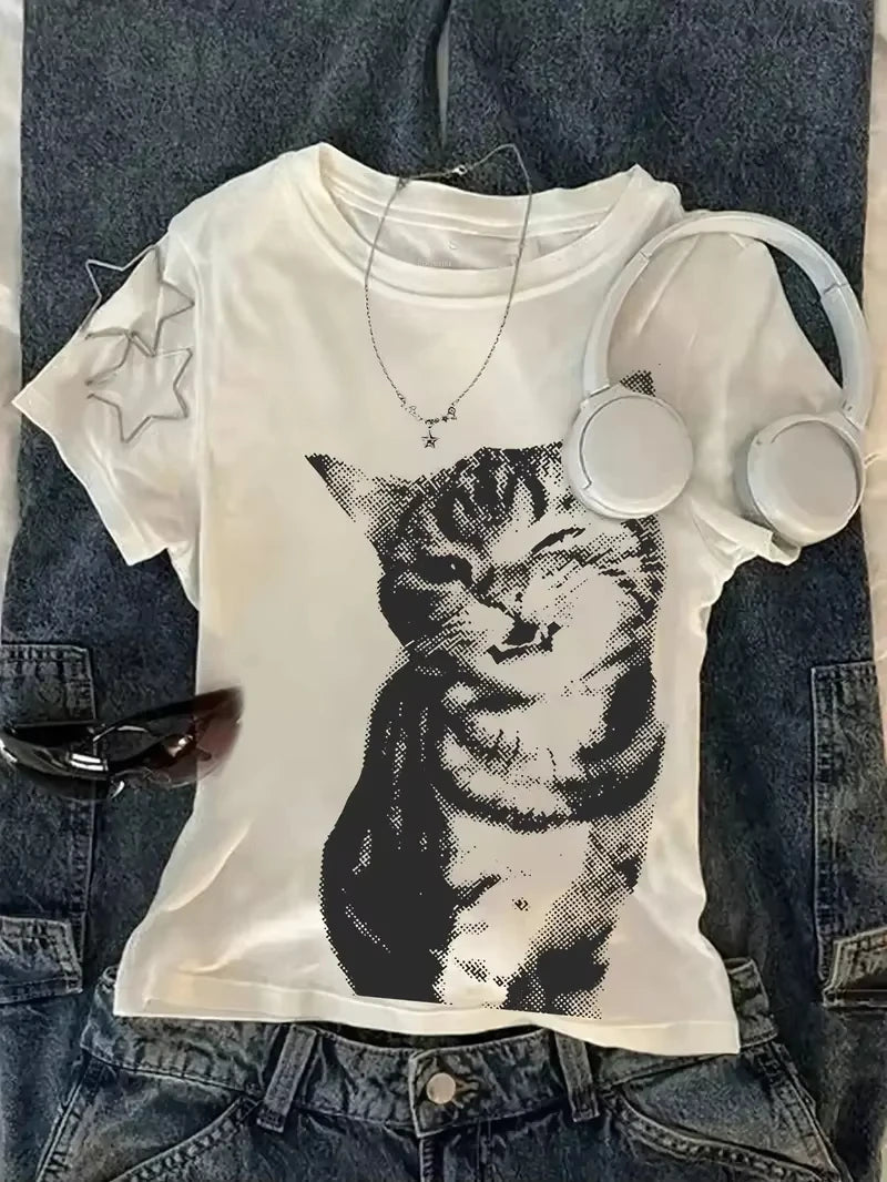 Plus-size Cat Print Women's High-street Loose-fitting T-shirt Street Style Suitable for All Seasons Fashionable and Versatile