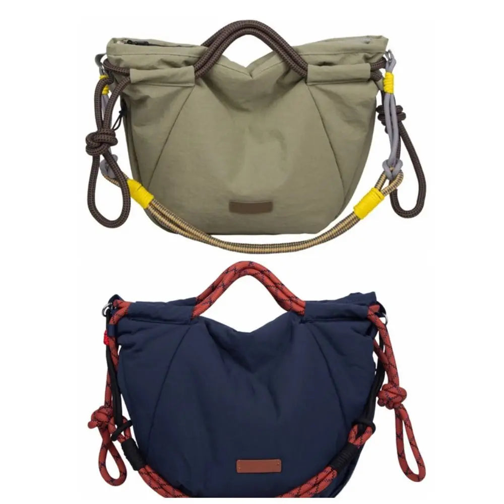 Retro Contrast Color Drawstring Shoulder Bag Webbing Large Capacity Tote Bag Multi-pocket Korean Style Handbag Date