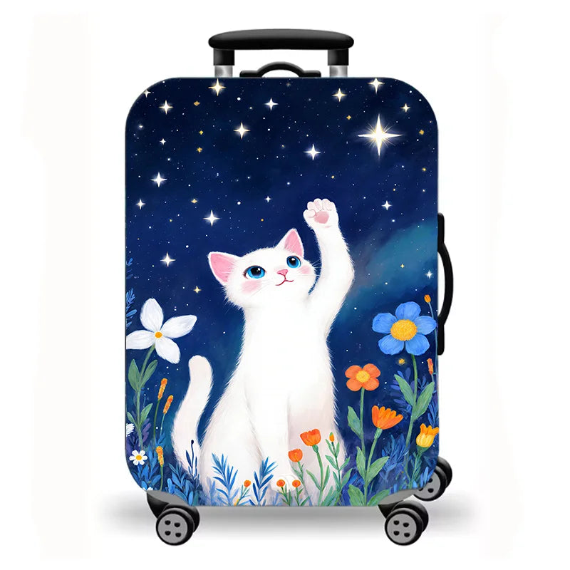 Luggage Cover, Cute Cat Kitten Floral Starry Night Print Stretch Suitcase Protector, Washable Anti-Scratch Travel Baggage Cover