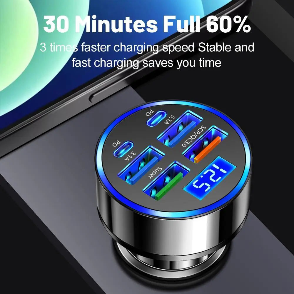 6 Ports Car Charger Fast Charging QC3.0 6 In 1 4USB 2PD Car Phone Charger For IPhone Adapter