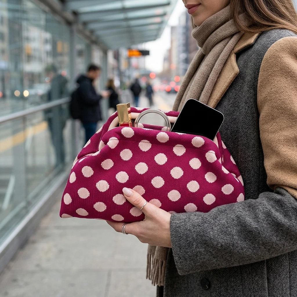 Women Trendy Striped Knitted Polka Dot Clutch Bag Large Capacity Bag with Handle for Commute Shopping