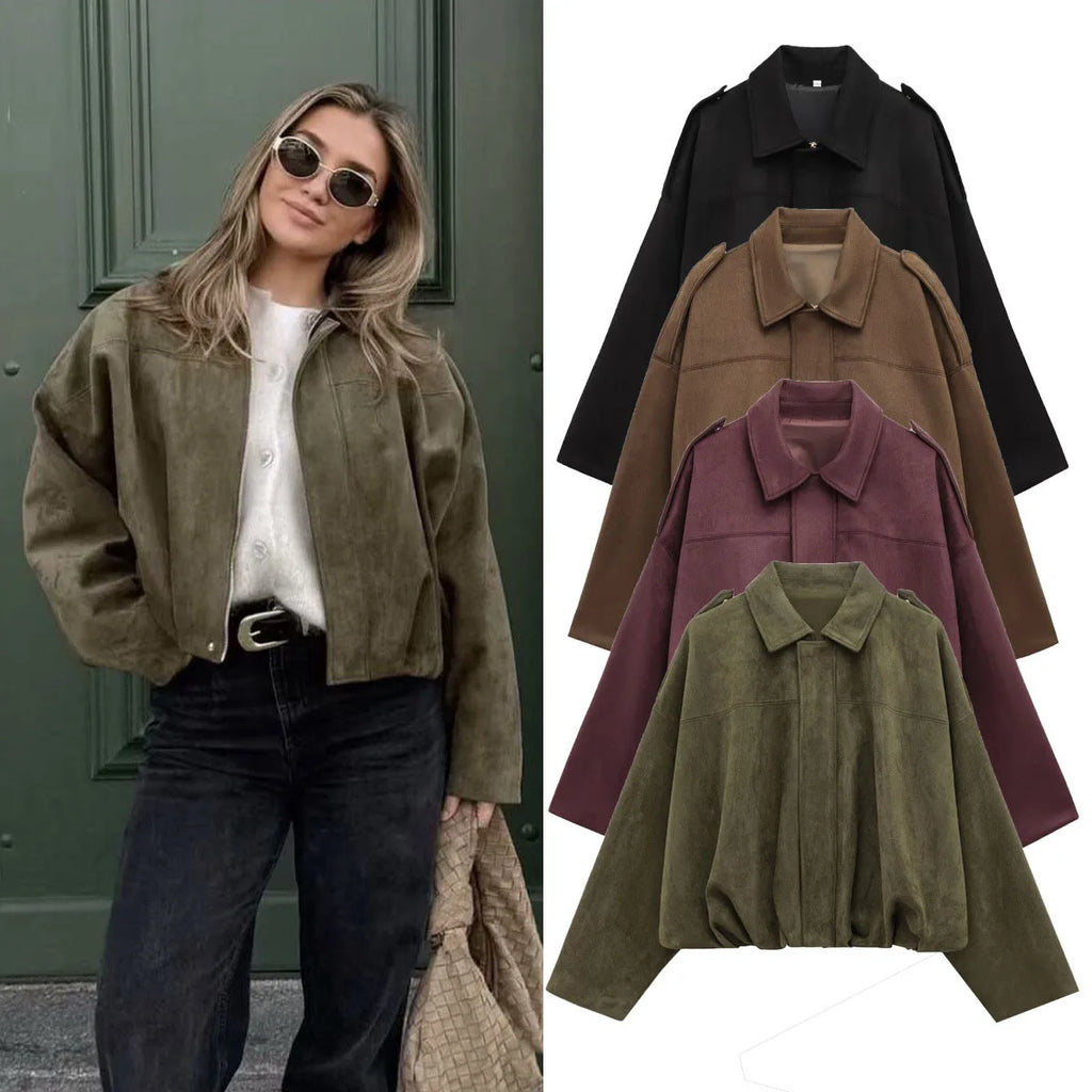 2025 autumn winter women bomber jacket bat sleeve zipper loose suede texture casual top European American style