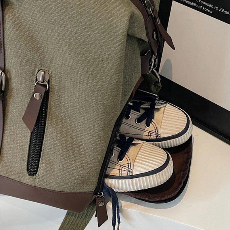 Vintage Canvas Casual Weekend Bag Travel Tote Bag Portable Large Capacity Duffel Bag With Shoe Compartment Crossbody Luggage Bag