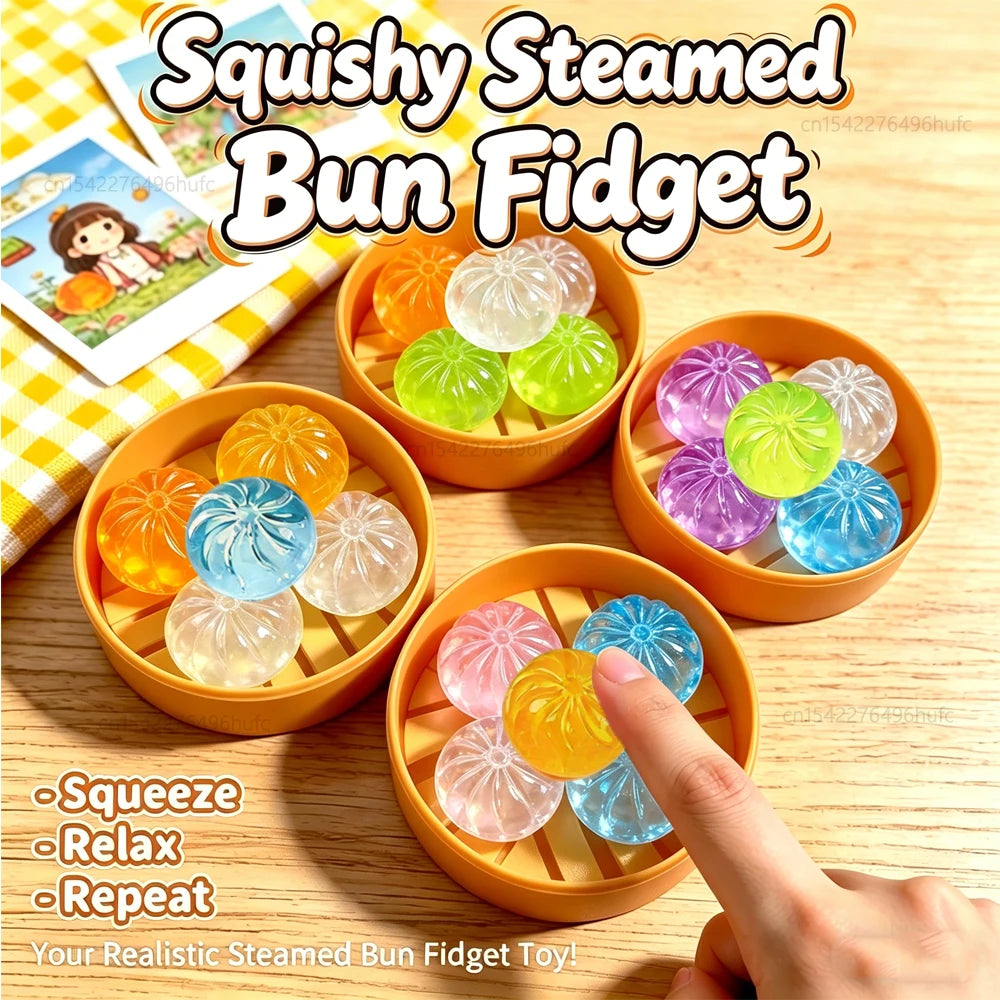 5Pcs Mini Dumplings with Steamer Bun Squeezable Toys Set Soft Stress Relief Crystal Squishy Fidget Sensory Toy Party Favors Gift