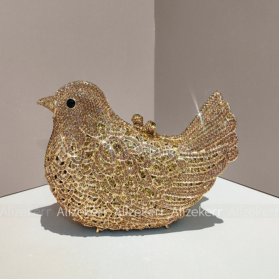 Alizekerr Pigeon Shaped Crystal Evening Bags Women Gorgeous Rhinestone Metallic Bird Clutch Purses Ladies Unique Handbags Party