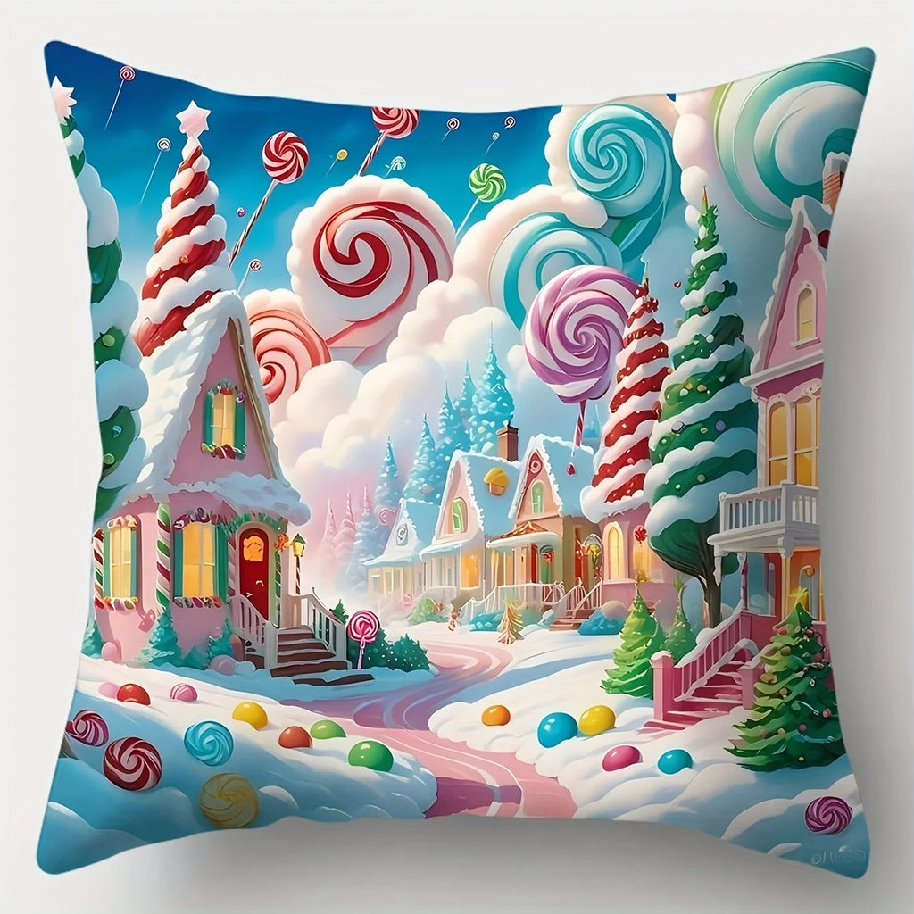 4-piece Candy House themed decorative pillowcase set, featuring gingerbread house and cute deer patterns, with zipper closure