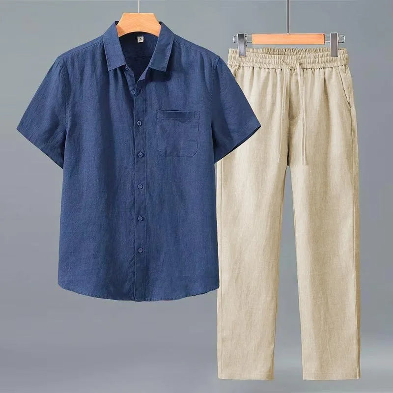 Mens Pure Linen Matching Outfit Short Sleeve Button Shirt Elastic Waist Trousers Two Piece Suit Lightweight Summer Daily Streetw