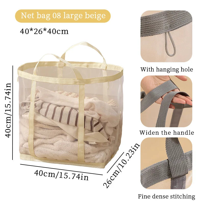 Mesh Laundry Basket Nylon With Handle Breathable Folding Portable Dirty Clothes Underwear Organizer Bags Large Capacity Storage