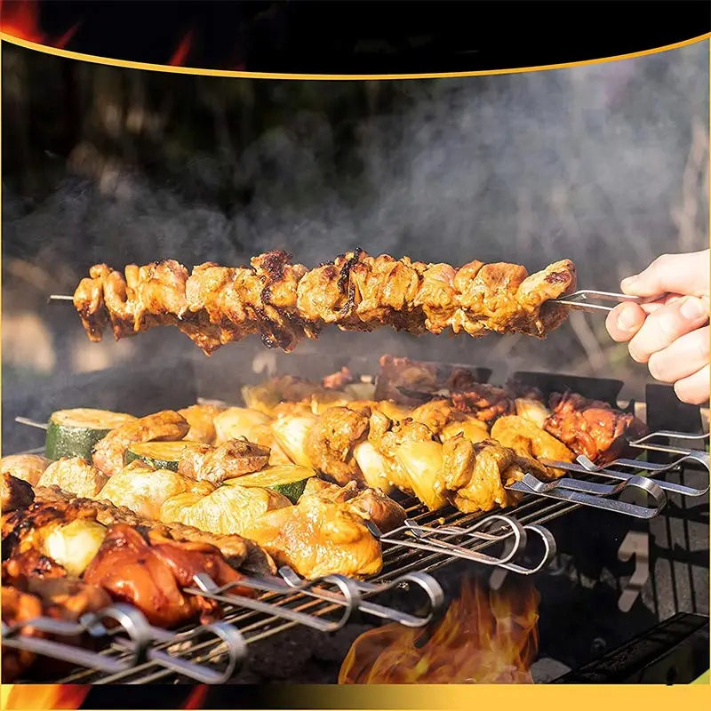 BBQ Sticks Stainless Steel Barbecue Skewer BBQ Tools Utensil Reusable Grill Sticks Outdoor Camping Picnic Flat BBQ Fork 6-12Pcs