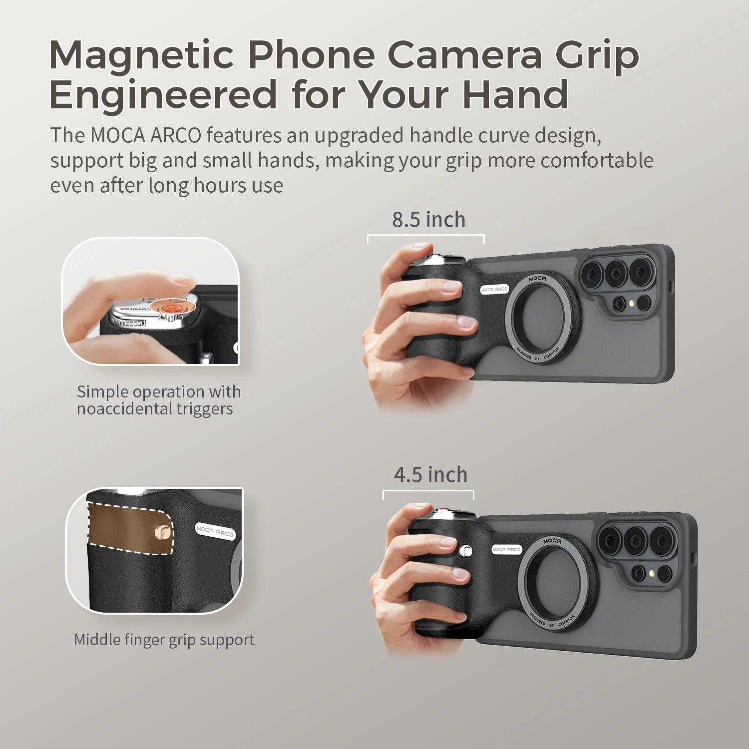 COMITOK MOCA ARCO Magnetic Camera Grip for Galaxy S26 Ultra Detachable Remote Handle with Matching Case for Vlog Video Selfie