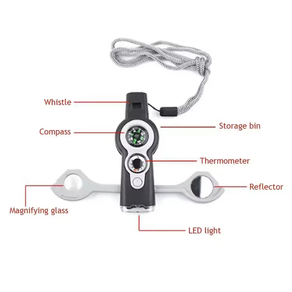 Emergency Survival Whistle 7 In 1 With LED Light Compass And Thermometer Outdoor Emergency Kit For Hiking Camping Compass Tool