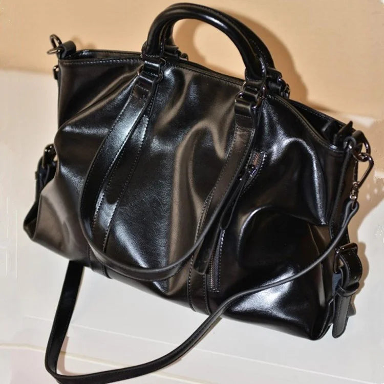 Womens Vintage Oil Wax Leather Tote Bag Large Capacity Top Handle Crossbody Handbag