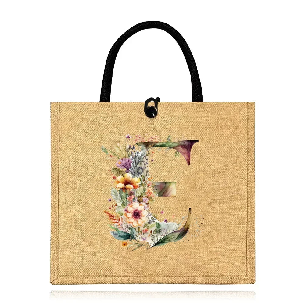Flax Bag Fastener Handbag Organizer Storage Jute Tote Bags Imitation Cotton Women Valise Portable Floral Letter Printing Series