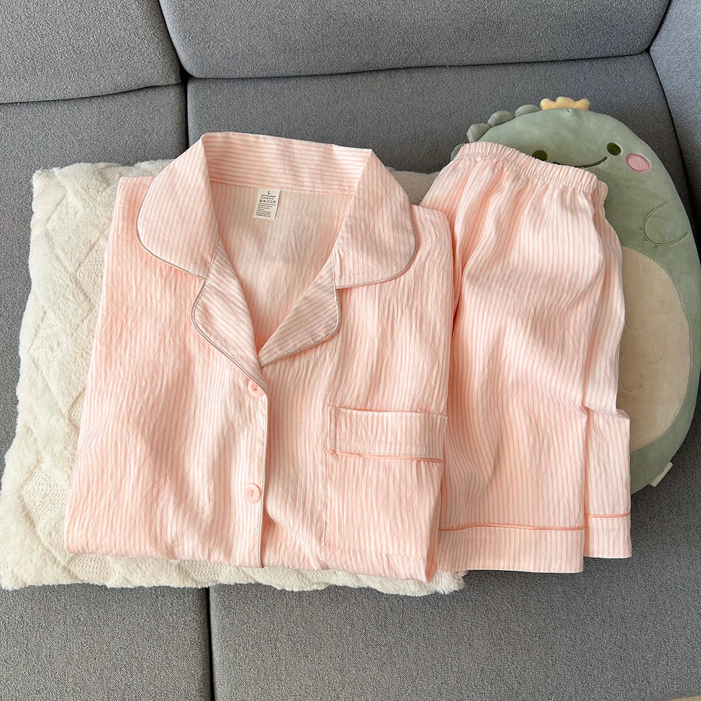 Women's Summer Pajamas, Thin Striped Pattern Short-Sleeved Shorts, Sweet and Cute, Can Be Worn Outside in Summer, Two-Piece Home Wear Set