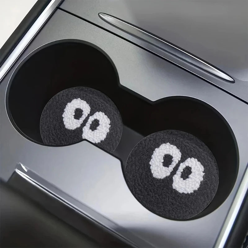 2pcs Car Big Eye Interior Coaster Wear-Resistant and Absorbent Leather Non-Slip Anti-Shock Anti-Water Leakage Proof