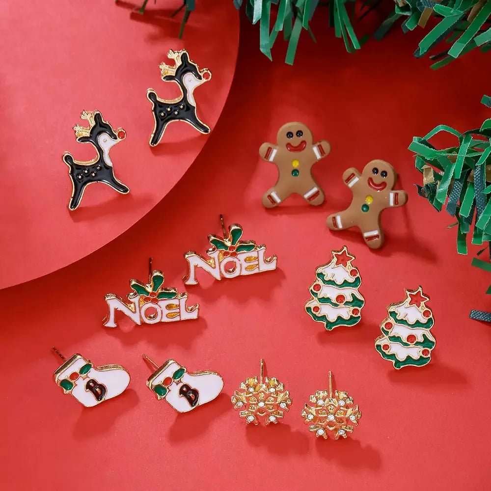 Fashion 6 Pairs/Pack Pendant Earrings Women Bells Milu Deer Snowflake Santa Claus Ear Trinket Festival Gift Atmosphere Joias