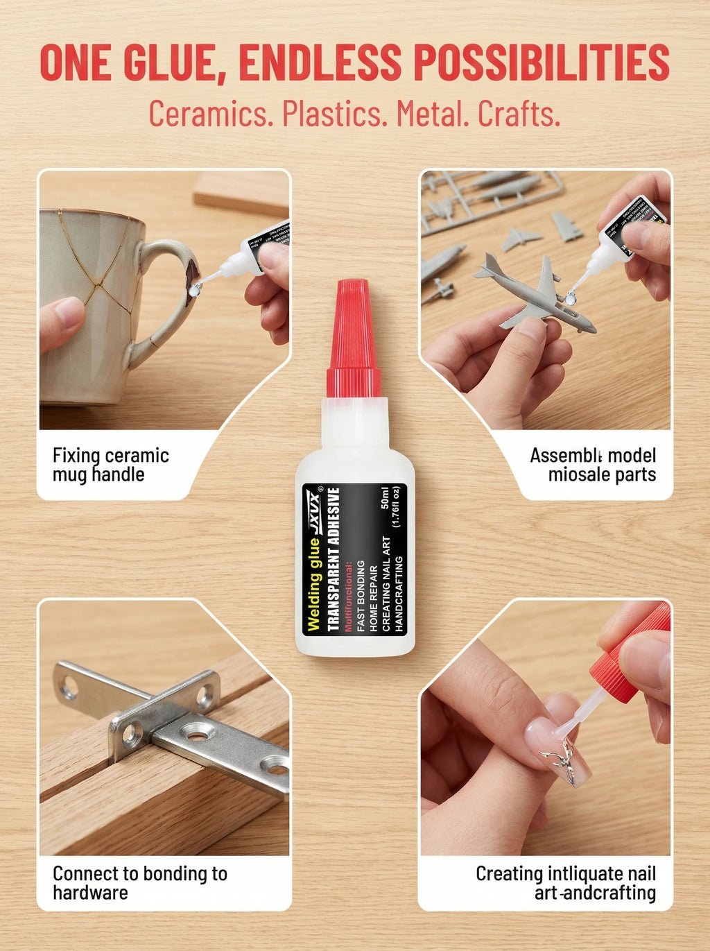 50g High-Quality Cyanoacrylate Strong Adhesive, Fast Fixing, Suitable for Wood, Plastic Toys, Car Models, Shoe Repair, One Drop of Glue: Universal Use