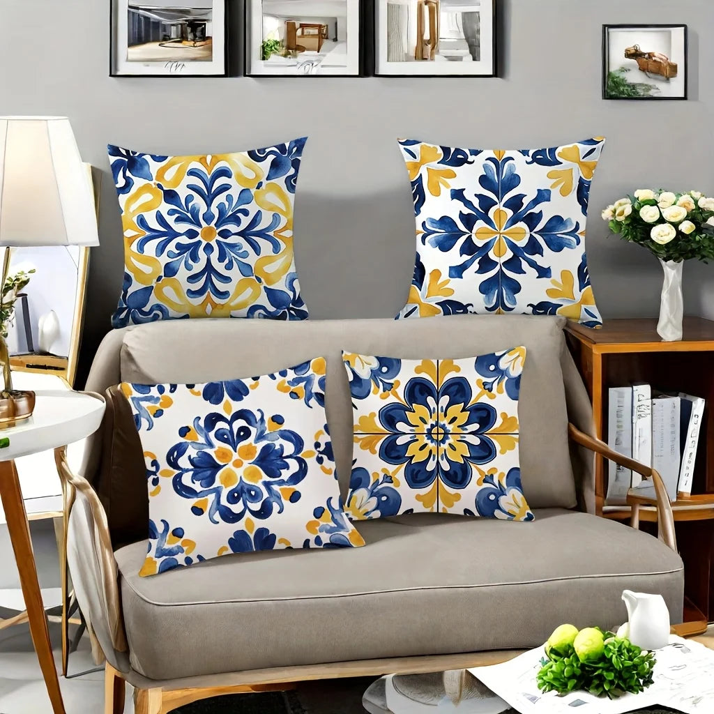 4-Piece Set, Vibrant and Intricate Blue-Yellow Tile Pattern - Inspirational Pillow Cover Decoration, Insert Not Included