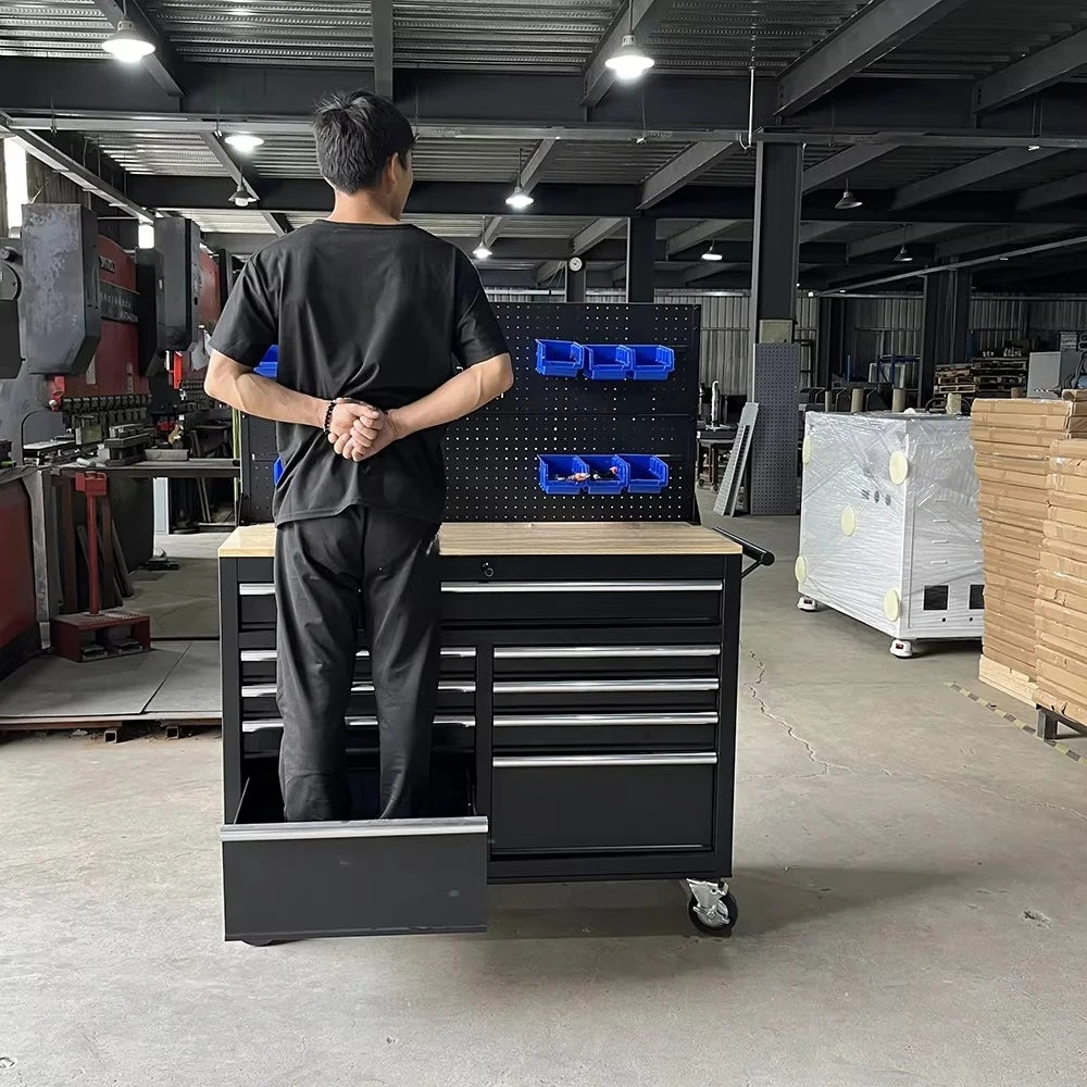 Industrial Rolling Tool Chest  Tool Trolley Heavy Duty Black Rolling Tool Cabinet with 9 Drawers and Casters