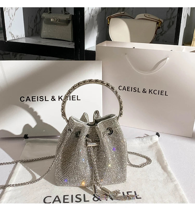 Luxury Designer Green Plaid Rhinestones Diamond Evening Clutch Bag Wedding Party Bucket Purse Women's Handbag Crossbody Bag